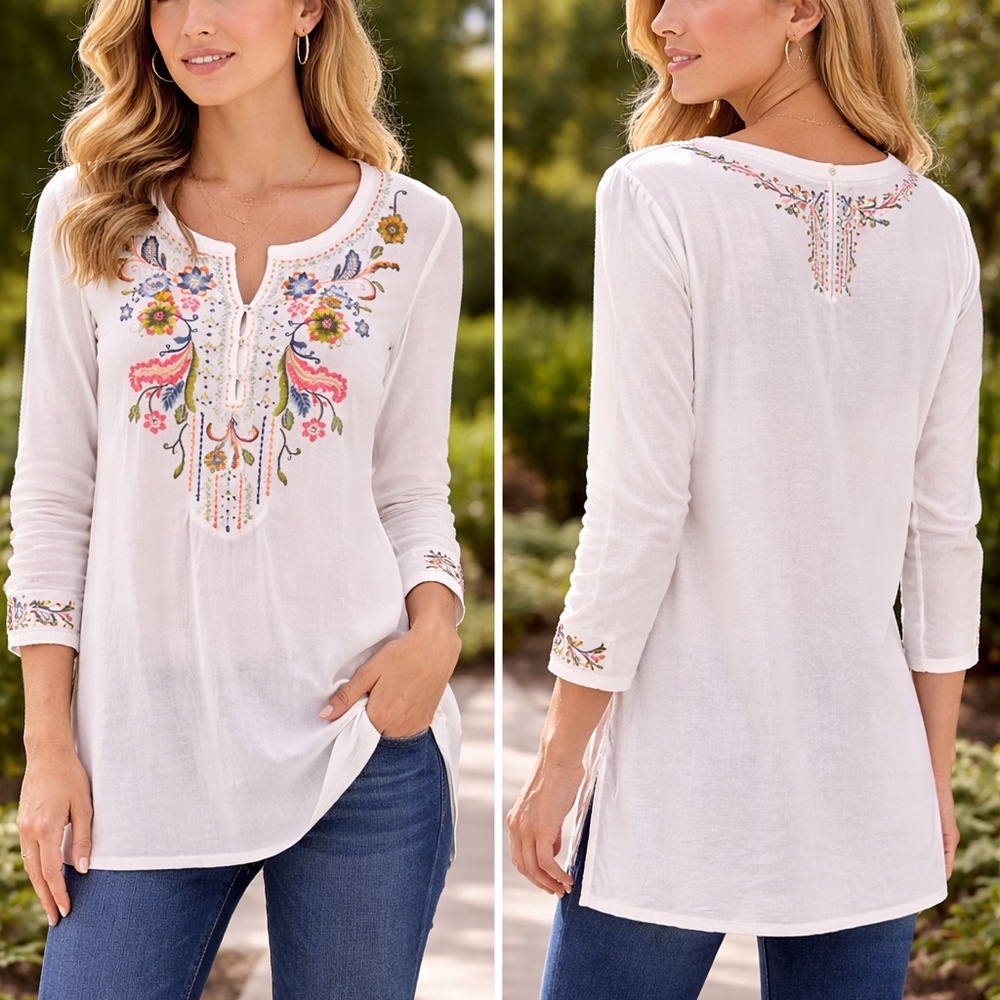 J. Jill Embroidered Tunic Top – White | Size SP (Petite) |‎ Boho Floral